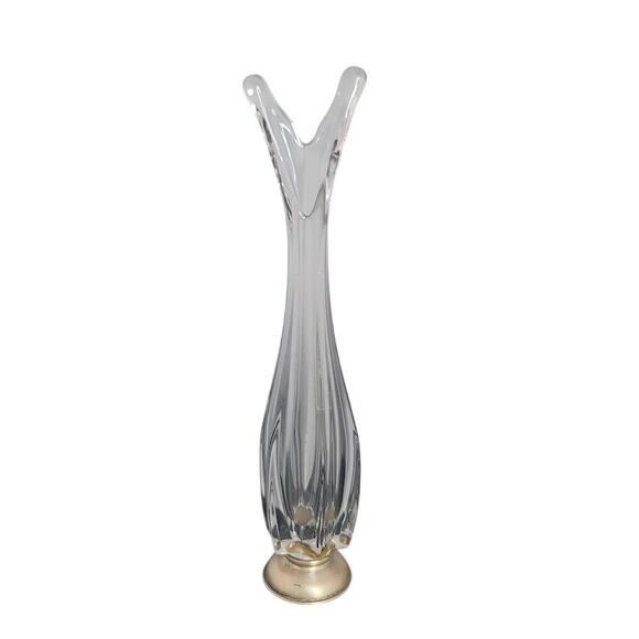 Crystal 12"  clear glass swung vase with Silver Stamped base 1960's V top taper - Picture 2 of 8